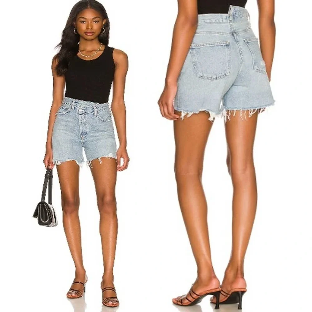 NEW Agolde High Rise Raw-Hem Criss Cross Jean Shorts Denim Wash Symbol Womens 29